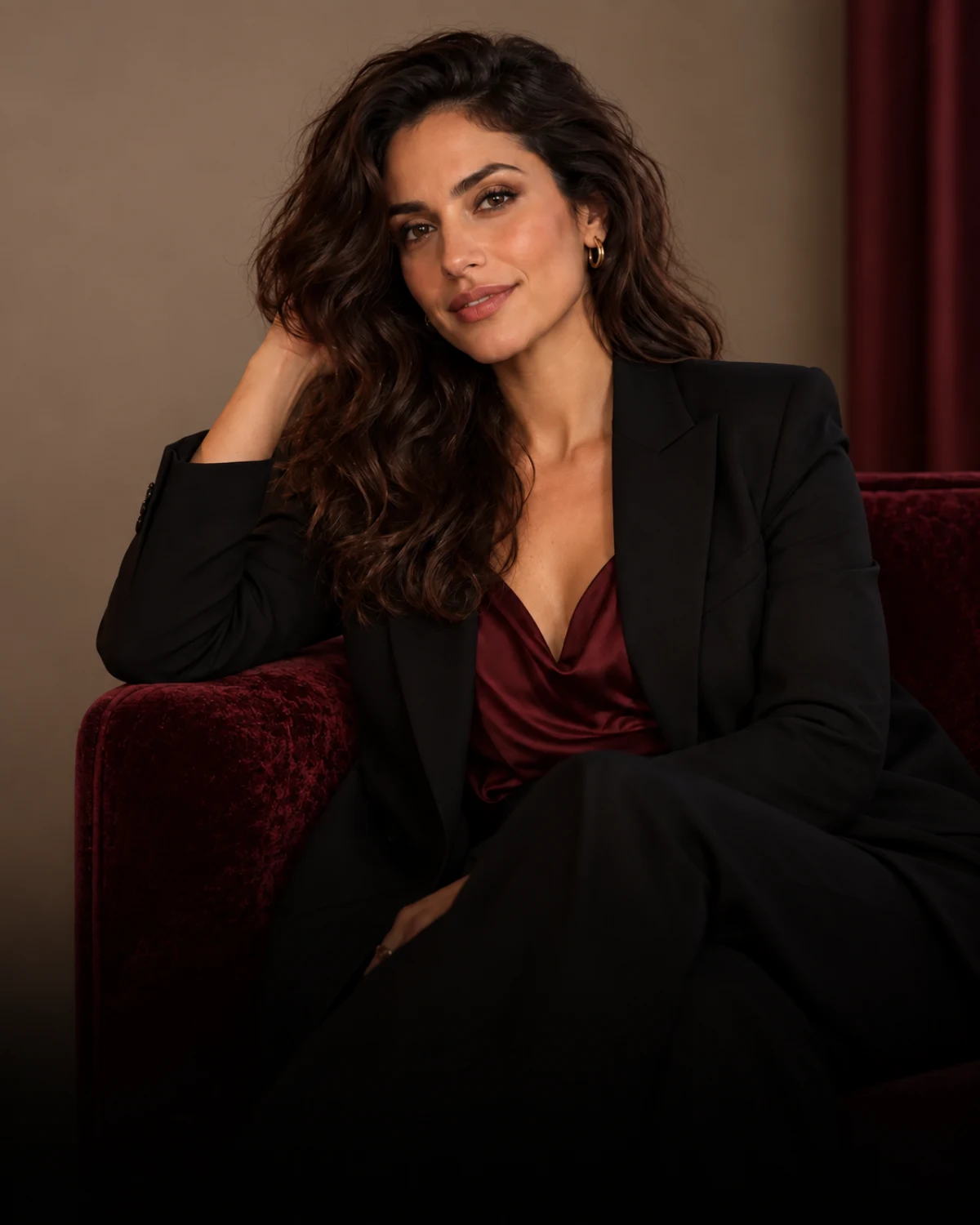 Lazys character in a black blazer relaxing on a burgundy velvet sofa