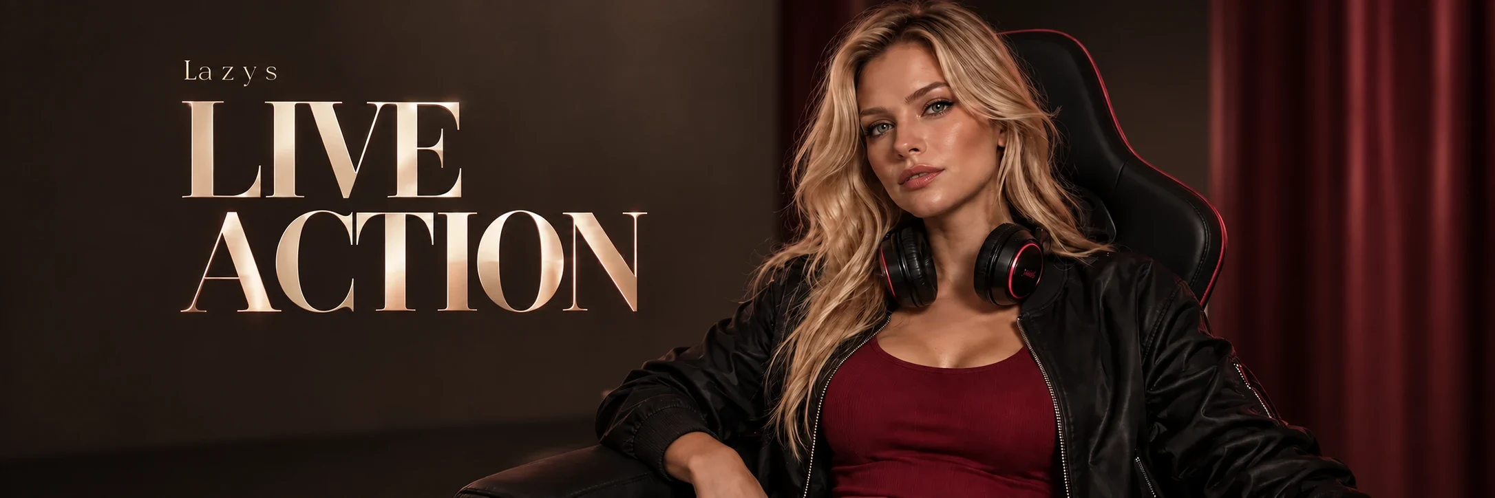 Lazys Live Action — a blonde character with headphones against a simple muted burgundy backdrop